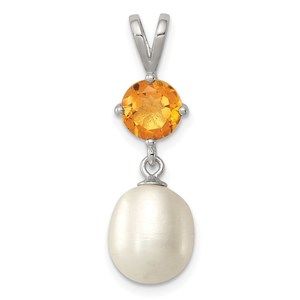 925 Sterling Silver Citrine 8-9mm FWC Pearl Teardrop Necklace Pendant 28 x 8 mm